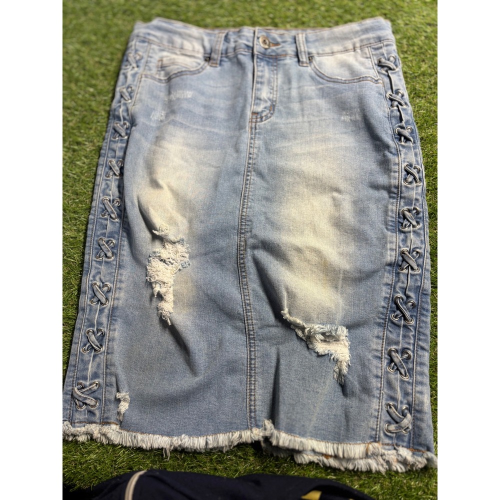 Denim Skirt Distressed Lace Up‎ Side Frayed Hem Midi Light Wash